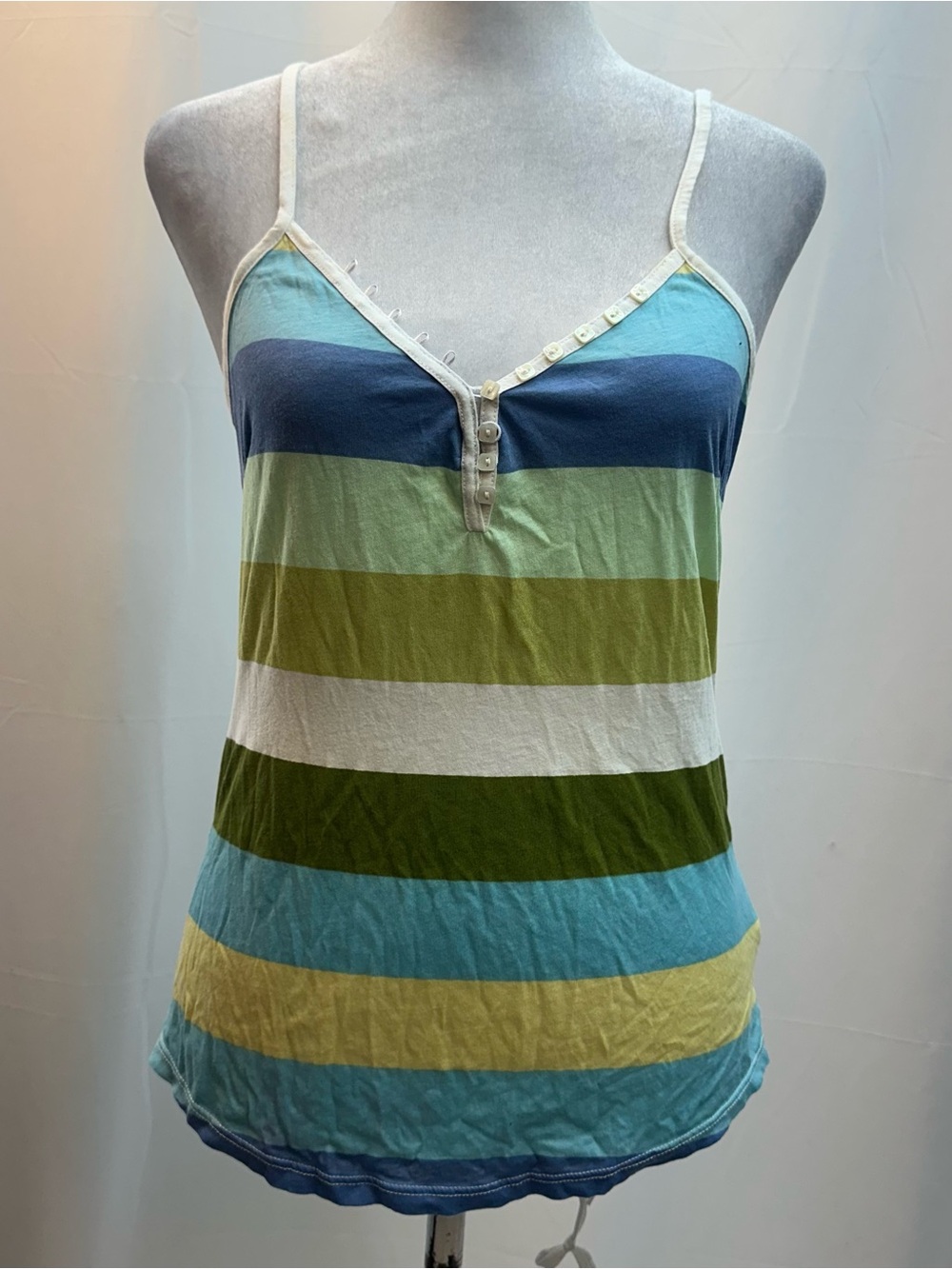 Free People Striped V Neck Tank Top - Blue, Green, Cream S